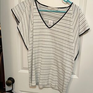 LOFT Women's Striped V-Neck Top - White and Black